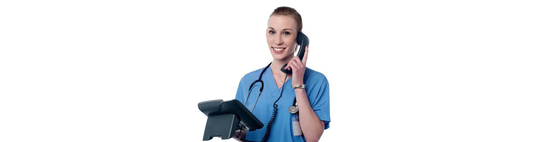 female nurse answering phone call smiling