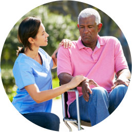 Old man and caregiver talking